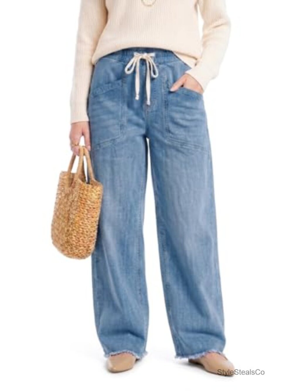 Women's High Waisted Wide Leg Pull On Jeans Stretchy Elastic Waist Drawstring
